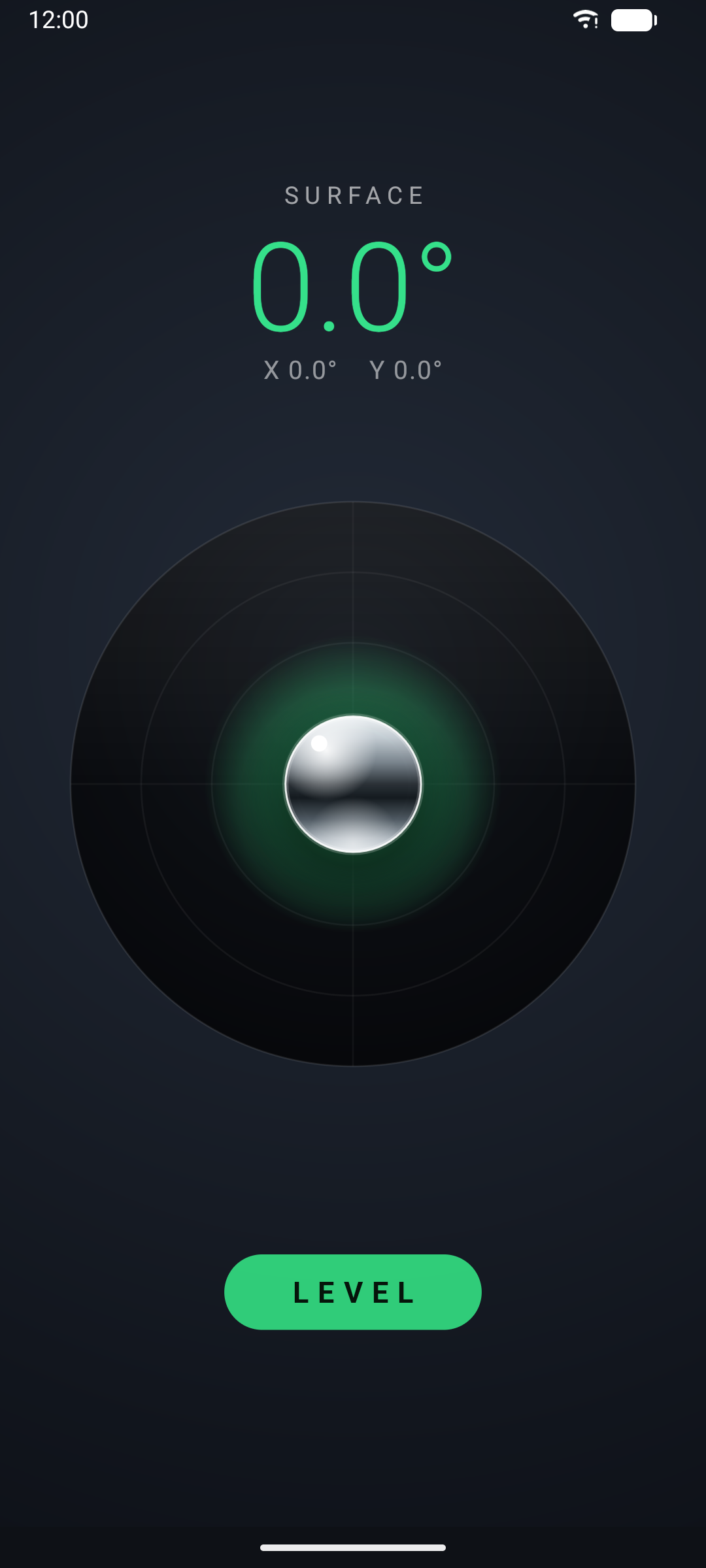 Spirited Level showing a centered bubble and a level reading of zero degrees