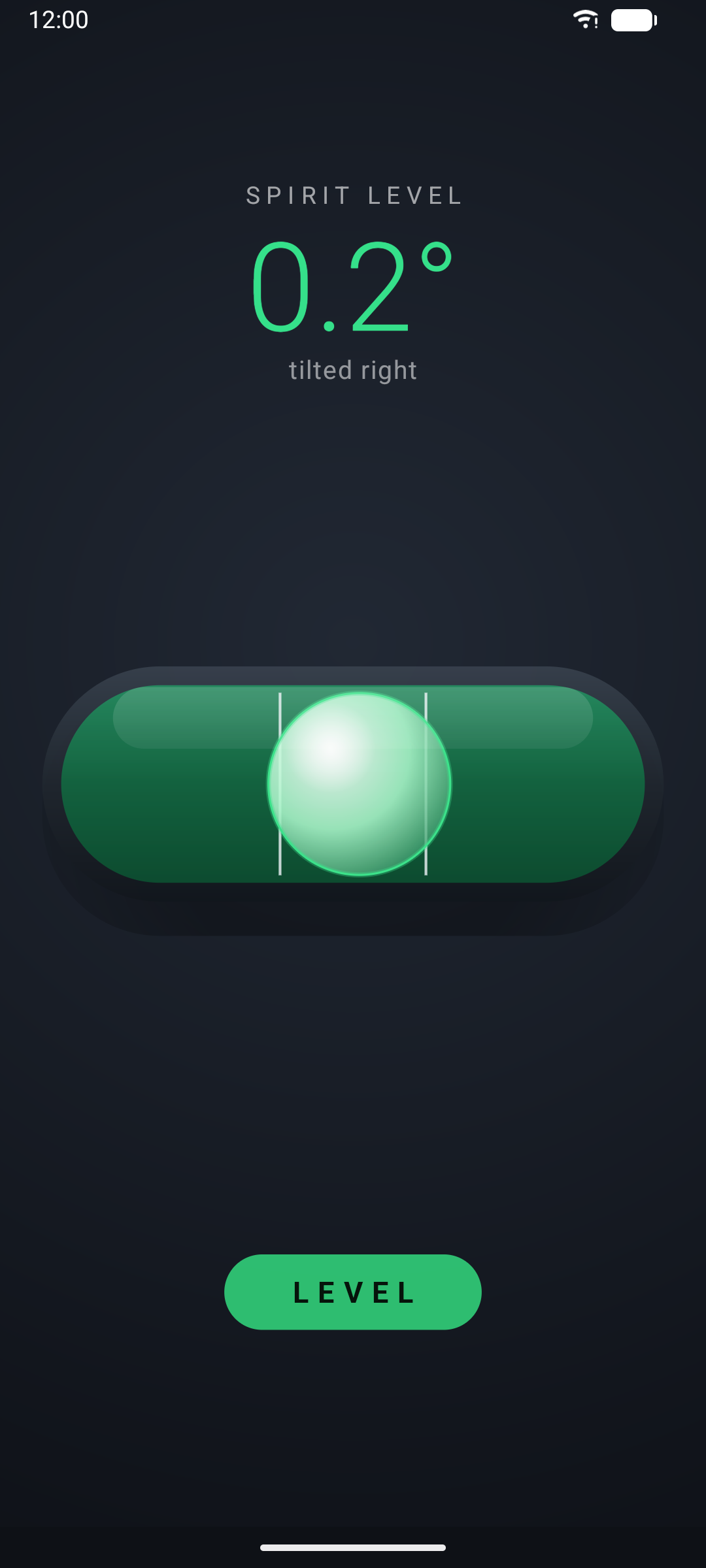 Spirit level mode showing a 0.2 degree reading and centered vial